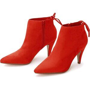 Women's Pointed Toe Heel Ankle Booties Kitten Stiletto Bowtie Strappy Boot Red